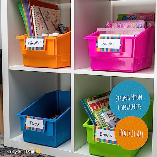 Image of Really Good Stuff Chapter Book Classroom Library Bins with Dividers -4 Pack | 8.75 inch x 13.5 inch x 7.75 inch, Neon, Large Plastic Bin Organizers for Book Organization, Documents, Files, Magazines