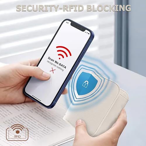 Image of Women Small Wallet RFID Blocking Slim Wallet with Coin Pocket Tri-Fold Credit Card Holder with ID Window and Keychain(Beige)