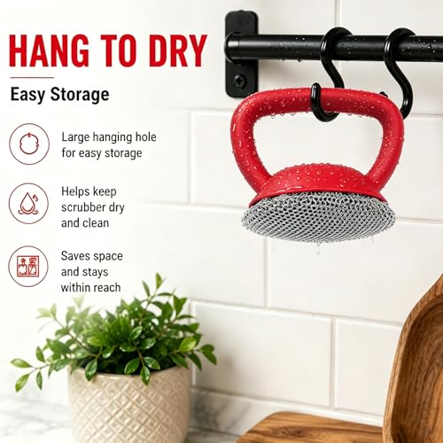 Image of Cast Iron Scrubber with Heavy Duty Handle, Cast Iron Cleaner Chainmail Cleaning Brush,Metal Chain Mail Scrubbing Pad Tool to Clean Grill,Skillet,Frying Pan, Wok,Dutch Oven, Safe Steel Scrubber Sponge