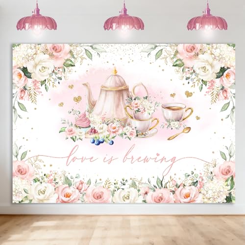 Avezano Love is Brewing Backdrop Tea Party Bridal Shower Decorations Love is Brewing Bridal Shower Decorations Photo Background Cake Table Banner (7x5ft)
