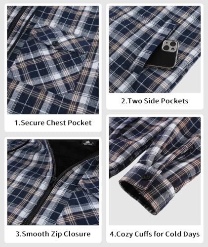 Image of V VALANCH Men's Sherpa Lined Flannel Jacket with Hood - Zip Up Plaid Shirt Jacket Winter Outdoor Warm Outerwear Fleece Coat