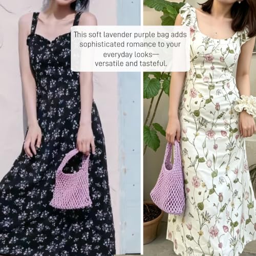 Image of Mini Clutch Handbag Fishing Net Bucket Bag Cotton Rope Crochet Drawstring Woven Beach Bag Small Tote for Women Girls