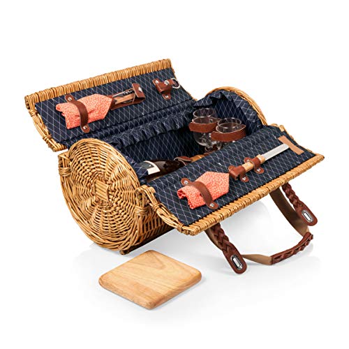 Picnic Time - Verona Wine & Cheese Picnic Basket - Wicker Wine Tote - Wine Basket With Picnic Set, (Adeline Collection - Deep Purple With Coral Pattern) #TOP1