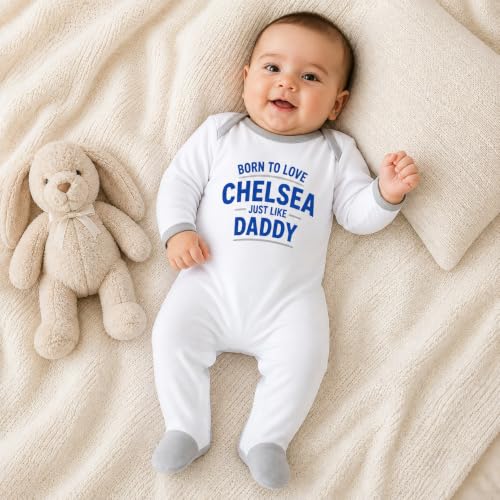 Cheekytots Grenouillère bébé Born To Love Chelsea Just Like Daddy - Grenouillère bébé 100% coton, Blanc/bordure grise, 3-6 mois – vue 2