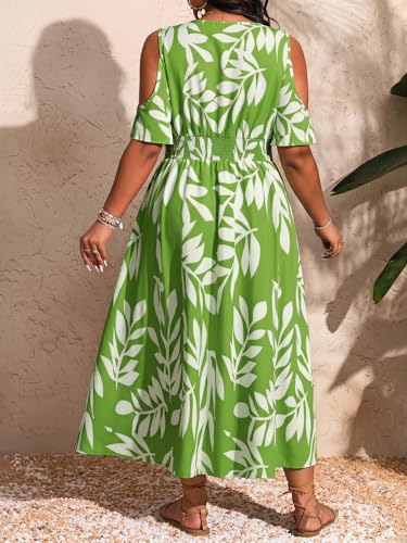Image of Floerns Women's Plus Size Cold Shoulder Tropical Print V Neck Flared A Line Long Dress