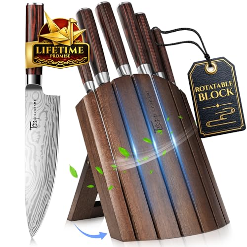 SYOKAMI Messerset 7-teiliges Küchenmesser-Set im japanischen Stil mit faltbarem magnetischem Akazienholzblock scharfer Karbonstahl für die Küche mit rutschfestem ergonomischem Griff