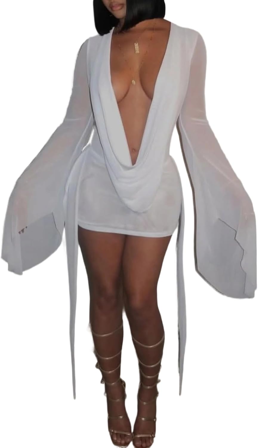 NRTHYE Women Sexy Mesh Mini Dress Draped Cowl Neck Backless Long Sleeve Cover Up Beach Cocktail Dresses