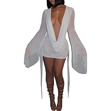 NRTHYE Women Sexy Mesh Draped Cowl Neck Backless Cocktail Mini Dress | Bodycon long sleeve short dresses, sheer see through cover up,Summer lightweight breathable dress for beach and party