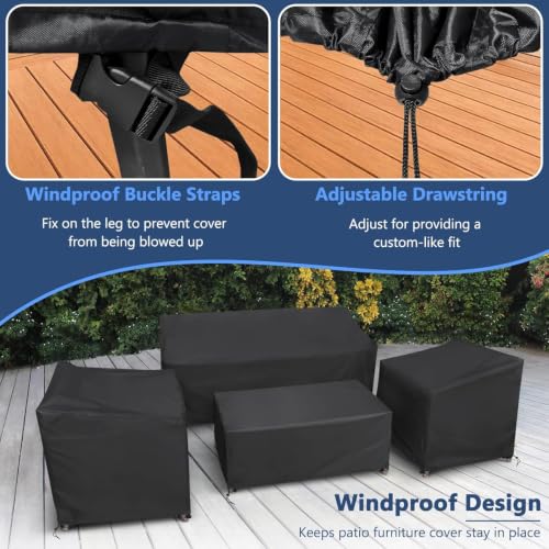 Image of STARTWO Patio Furniture Cover 4 Piece Set, Black, X-Large | Outdoor Furniture Cover Waterproof for Loveseat, Lawn Chairs, Coffee Table, Windproof with Buckle Strap