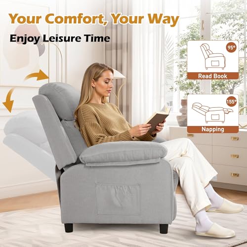 Image of Recliner Chair, Living Room Chairs for Adults, Padded Deep Seat Reading Chair with Side Pockets, Small Recliners for Small Spaces, Lounge Chair for Living Room, Bedroom, and RV (Linen)