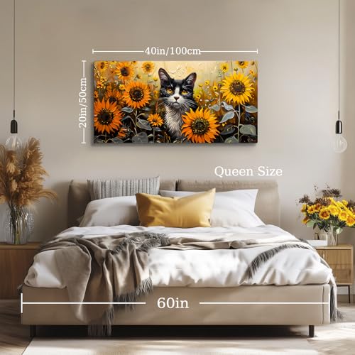 SERIMINO Large Wall Art Canvas Prints, Sunflower Cat Wall Art Aesthetic, Cute Animal Modern Home Decor Paintings, Yellow Landscape Pictures Wall Decor Living Room Dining Room Office Decor 20"X40"