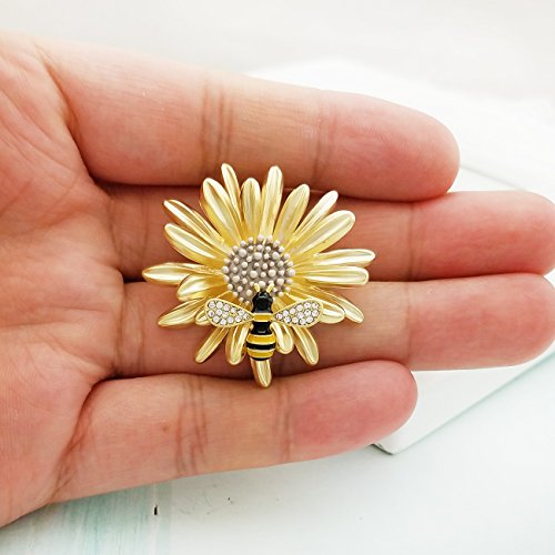 Image of YOQUCOL Sunflower Honeybee Bee Brooch Pin with Bright Austrian Cubic Zirconia Crystal For Women