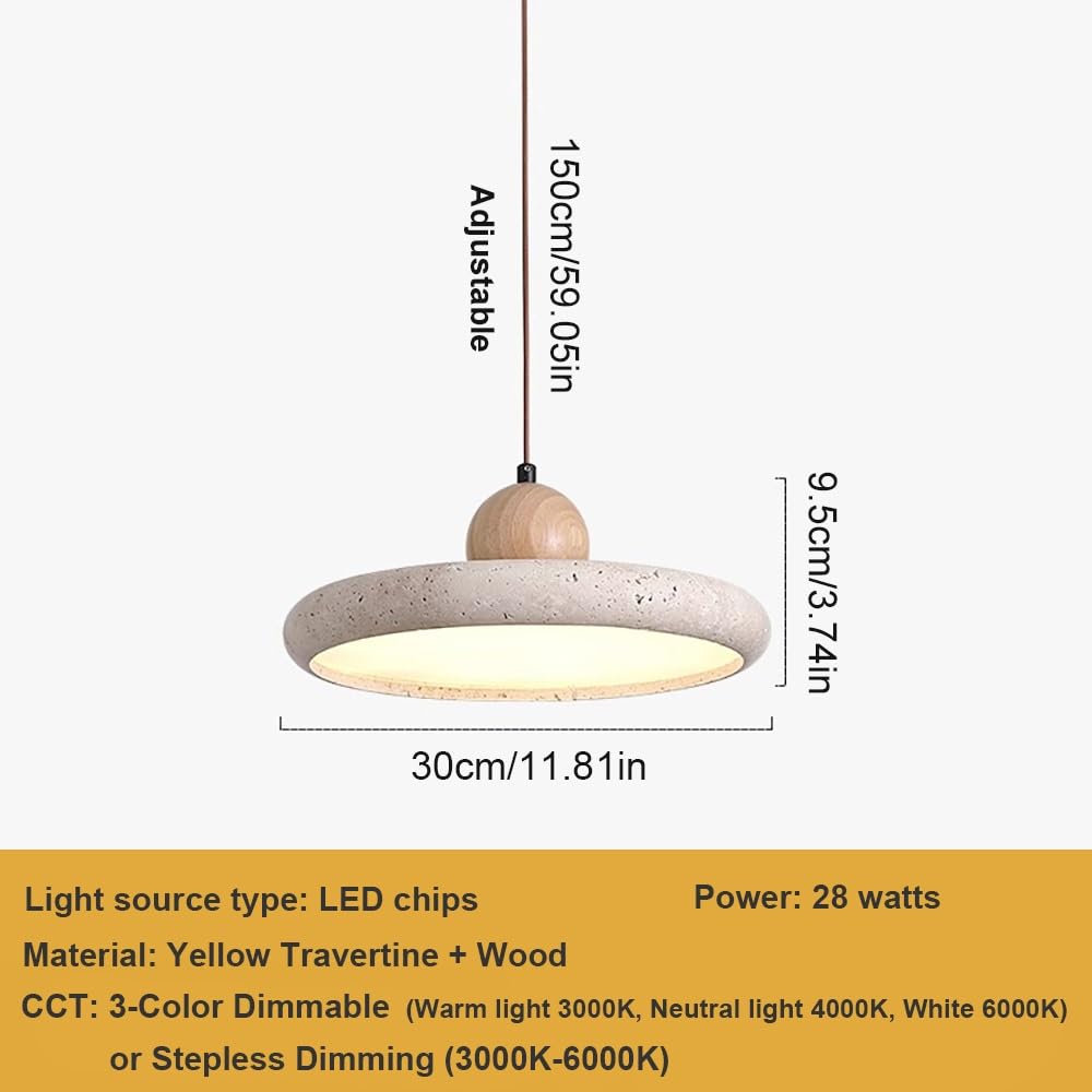 Moderne Pendelleuchte aus Rundstein, Hängelampe Flach in Gelbem Travertin für Küche oder Schlafzimmer Kronleuchter LED Dimmbar(Stepless,30cm/11.81in)