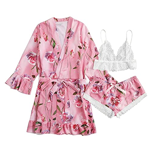 Rtrde Sexy Lingerie For Women Naughty Sex/Play, Pink Pjs Babydoll Lingerie Set With Robe Plus Size 3-Piece Garter Lingerie Set Robes Lace Bodysuit Deep-V Neck Underwear Lingerie (Xxl, Hot Pink) #TOP10