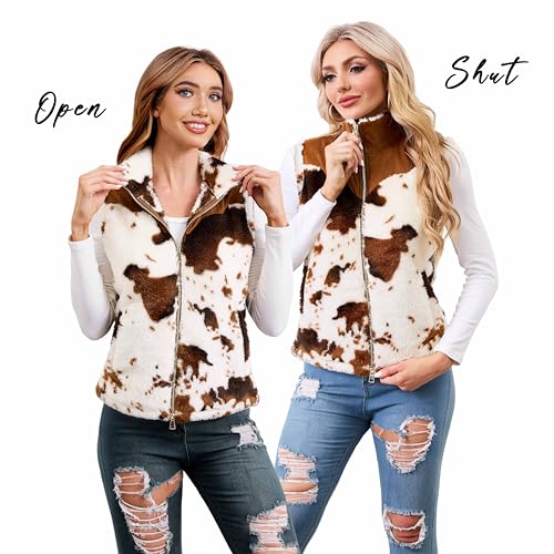 Women's Fuzzy Cow Print Vest Cozy Lightweight Sherpa Fleece Vest for Women Sleeveless Outerwear with Pockets3
