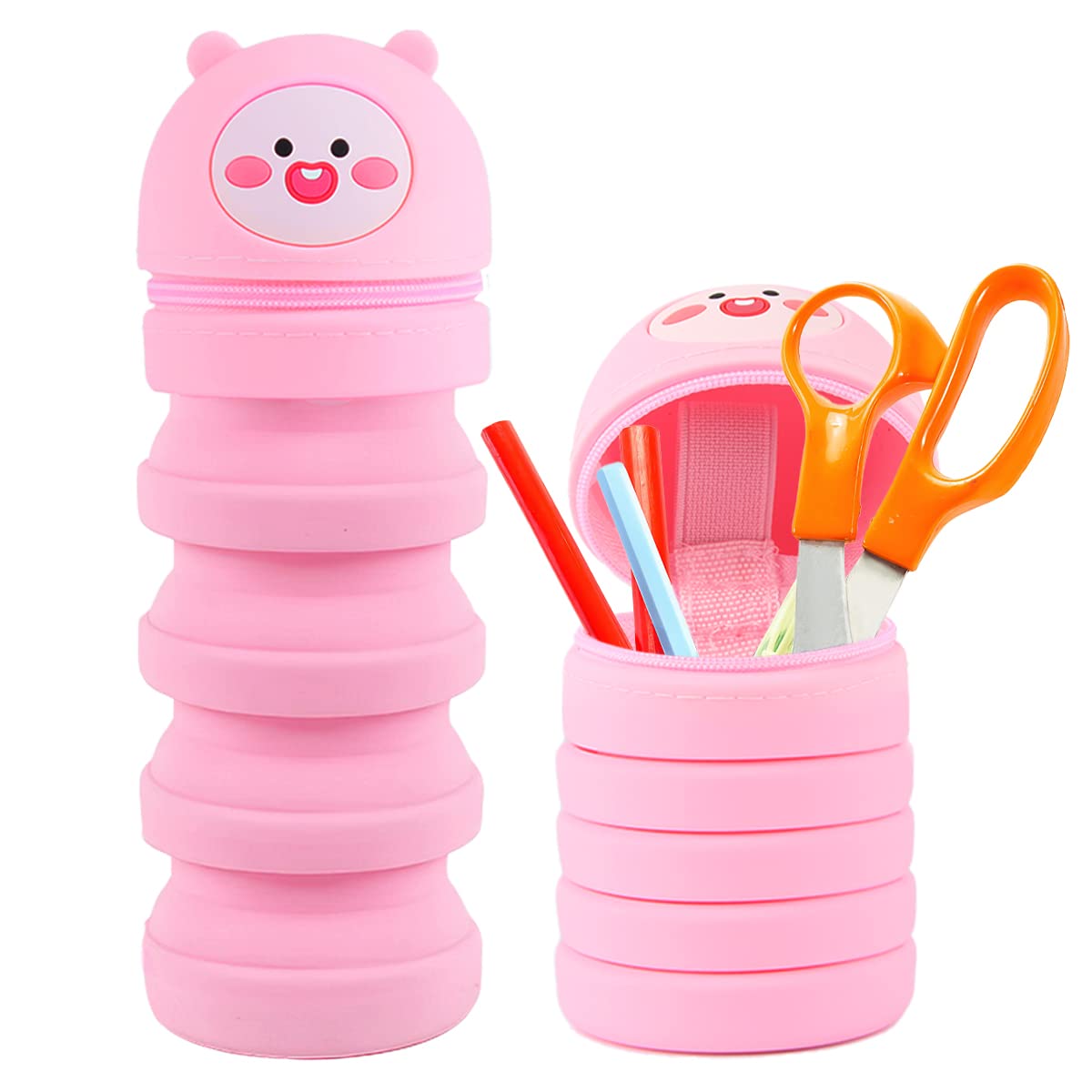 Darryy Estuche Vertical Lapices Retráctil, Estuche de Dibujos Animados, Papeleria Cute Kawaii Aesthetic Estuche, Estuche Silicona Forma de Animales, Portalápices para Niños (Rosa)