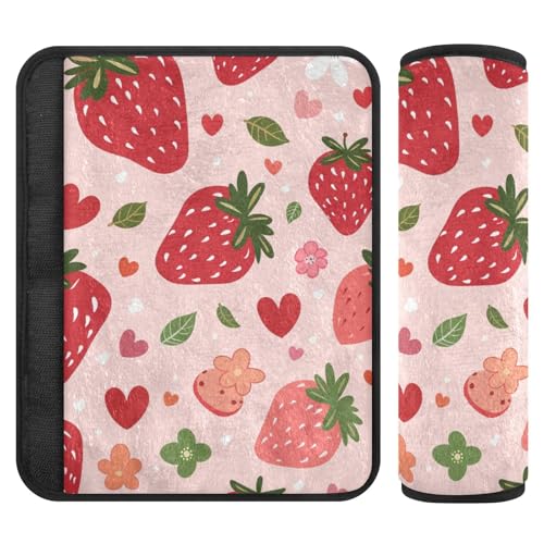 Image of Red Hearts Strawberry Seat Belt Cover Pad 2 Pcs Soft Cute Seatbelt Covers Protector Support Head Neck Shoulder Strap for Car Seats High Chair Backpack for Adults Kids Women Men 10x7.7In 2 Pack