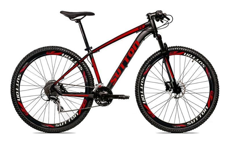 Bicicleta Aro 29 Sutton Gold 24V Freio a Disco Quadro de Alumínio 24 Marchas com Suspensão Cor Preto e Vermelho Tamanho 21