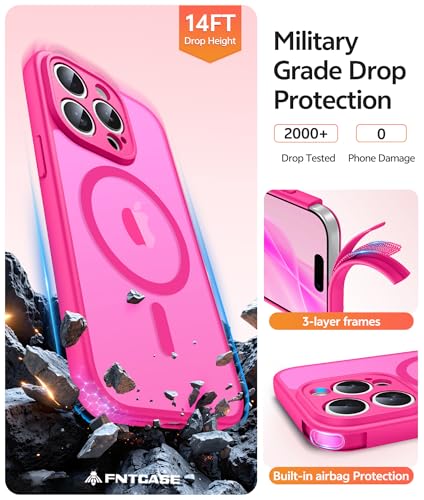 Image of FNTCASE for iPhone 15 Pro Case: [Compatible with Magsafe] Translucent Matte Cases with [Full Camera Protection] [Screen Protector] Military Grade Shockproof Protective Phone Cover - Hot Pink
