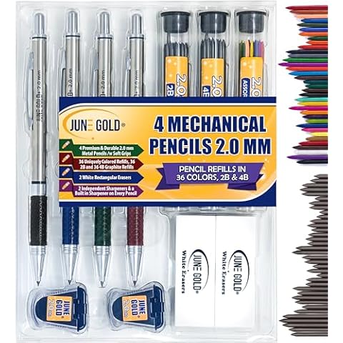 June Gold 4 Premium 2.0 mm Mechanical Pencils, 36 Colored Refills, 36 2B Refills, 36 4B Refills, 2 Sharpeners, 2 Smudge Resistant Erasers, Built in Sharpeners & Soft Non-Slip Grip on Each Pencil Cover