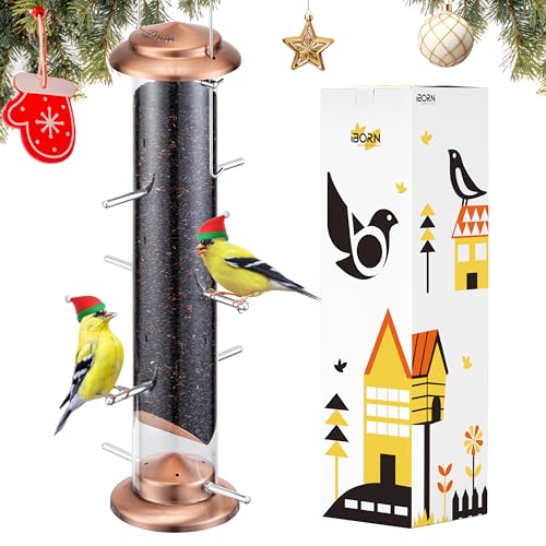 iBorn Nyjer & Thistle Bird Feeder for Outdoors Hanging，Finch Feeders for Outside，Metal Tube Bird Feeder 14 Inch with 12 Small Ports,8 Metal Perches,Copper