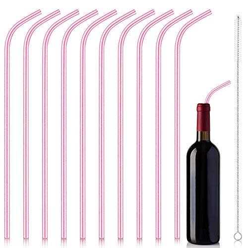 Reusable Wine Bottle Straws 14 Inch Plastic Drinking Straw with Straw Cleaning Brush for Party Wedding Holiday Drinking Favors (Glitter Pink,10 Pieces)
