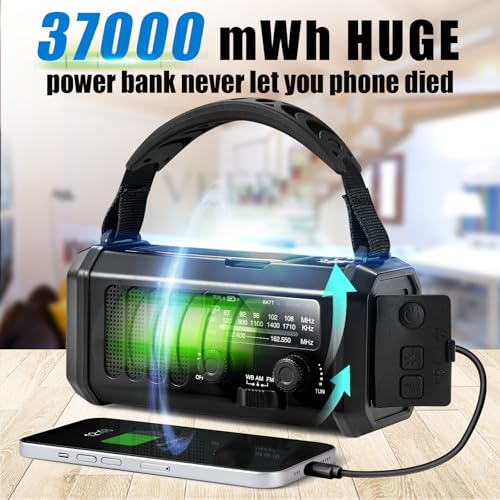 Image of 10000mAh Emergency Crank Radio,NOAA /AM /FM Weather Radio, Type-C Charge,Solar Charging,SOS, 3 Modes LED Torch, Reading Lamp, Compass for Outdoor Survival(Black)