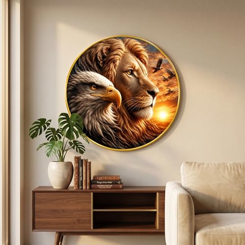 Image of SAF Lion Eagle Round Wall Painting with Premium PVC Golden Frame, Wildlife Sunset King Power Art for Living Room Office Bedroom Home Decor Gift (12 x 12 Inch) GRS-457