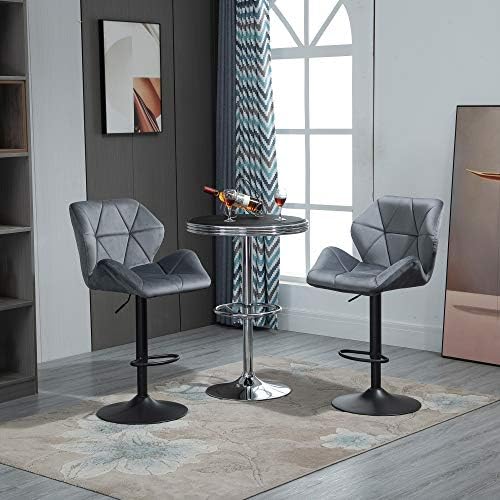 HOMCOM Bar Stools Set Of 2, Luxurious Velvet-Touch Barstools w/Metal Frame Footrest Round Base Triangle Indenting Moulded Seat Adjustable Height Swivel Grey