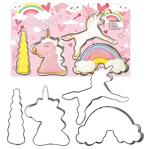 ScrapCooking 2088 - Cortador de bolachas em aço inoxidável com 4 moldes de unicórnio para pequenos bolos