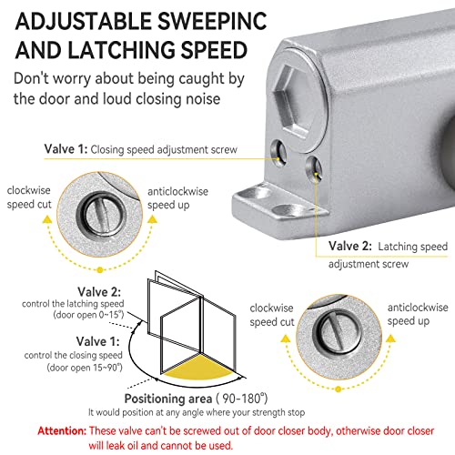 Miniatura 6 de Vinabo Cierrapuertas Hidráulico Automático, Cierrapuertas Con Retenedor, Cierrapuertas Muelle De Aluminio, Cierre Automático Ajustable, Para Comercial Y Hogar Puerta De 15-45 Kg, Plata