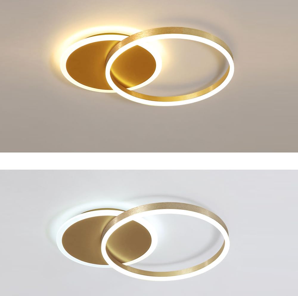 LED Deckenleuchte Dimmbar Deckenlampe Ring Metall Schlafzimmerlampe modern Acryl Deckenbeleuchtung Wohnzimmerlampe Kinderzimmer Esszimmer Bad Flur Pendelleuchte,Gold,2 Ringe