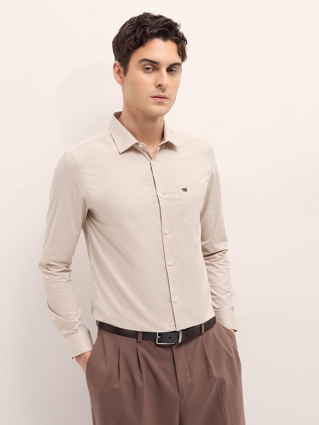 THE BEAR HOUSE Men's Cotton Solid Tailored Fit Formal Shirt Beige