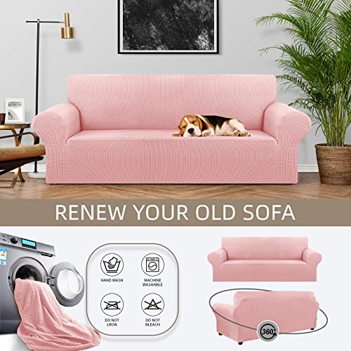 KEKUOU Stretch Sofa Cover Slipcover ,Couch Covers for 3 Cushion Couch Sofa pet Friendly (78"-94") Furniture Protector Sofa with Elastic Bottom for Kids,Dog, Jacquard Small Checked(Large,Dusty Pink)