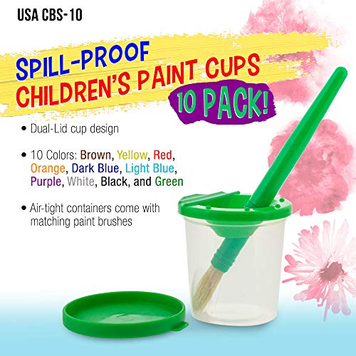 U.S. Art Supply 10 Piece Children's No Spill Paint Cups with Colored Lids and 10 Piece Large Round Brush Set with Plastic Handles by U.S. Art Supply - Image 2