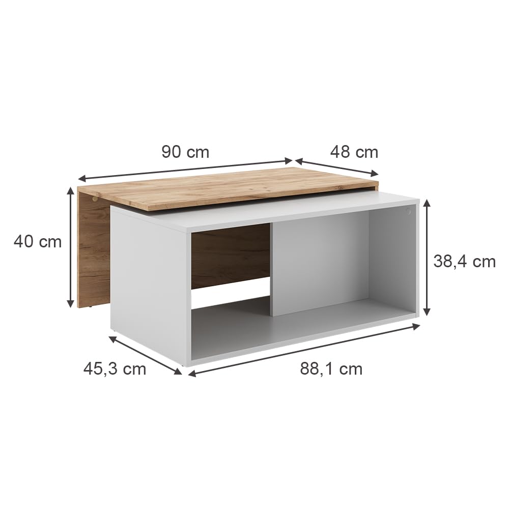 Vicco Couchtisch Paul, Weiß/Goldkraft Eiche, 90 x 48 cm | mit drehbarer Tischplatte und zusätzlicher Ablagefläche