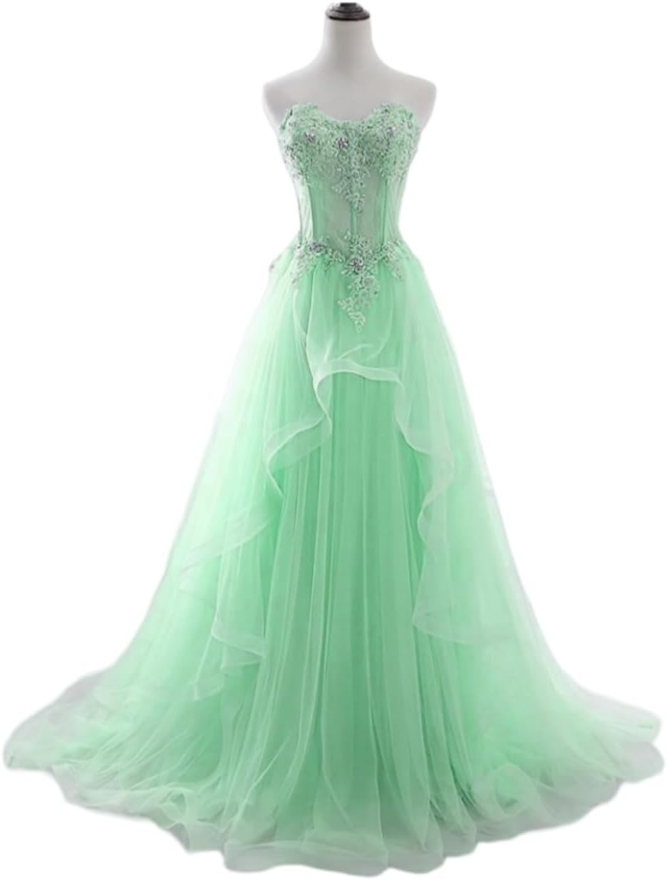 Women's Sheer Waist Fishbone Symmetrical Peplum Long Prom Dress