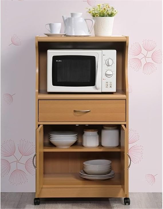 HODEDAH IMPORT Microwave Cart with One Drawer, Two Doors, and Shelf for Storage, Beech