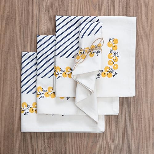 Palisa Floral Print Cloth Napkins Set of 4, 18x18 Inch, (Yellow & Blue)