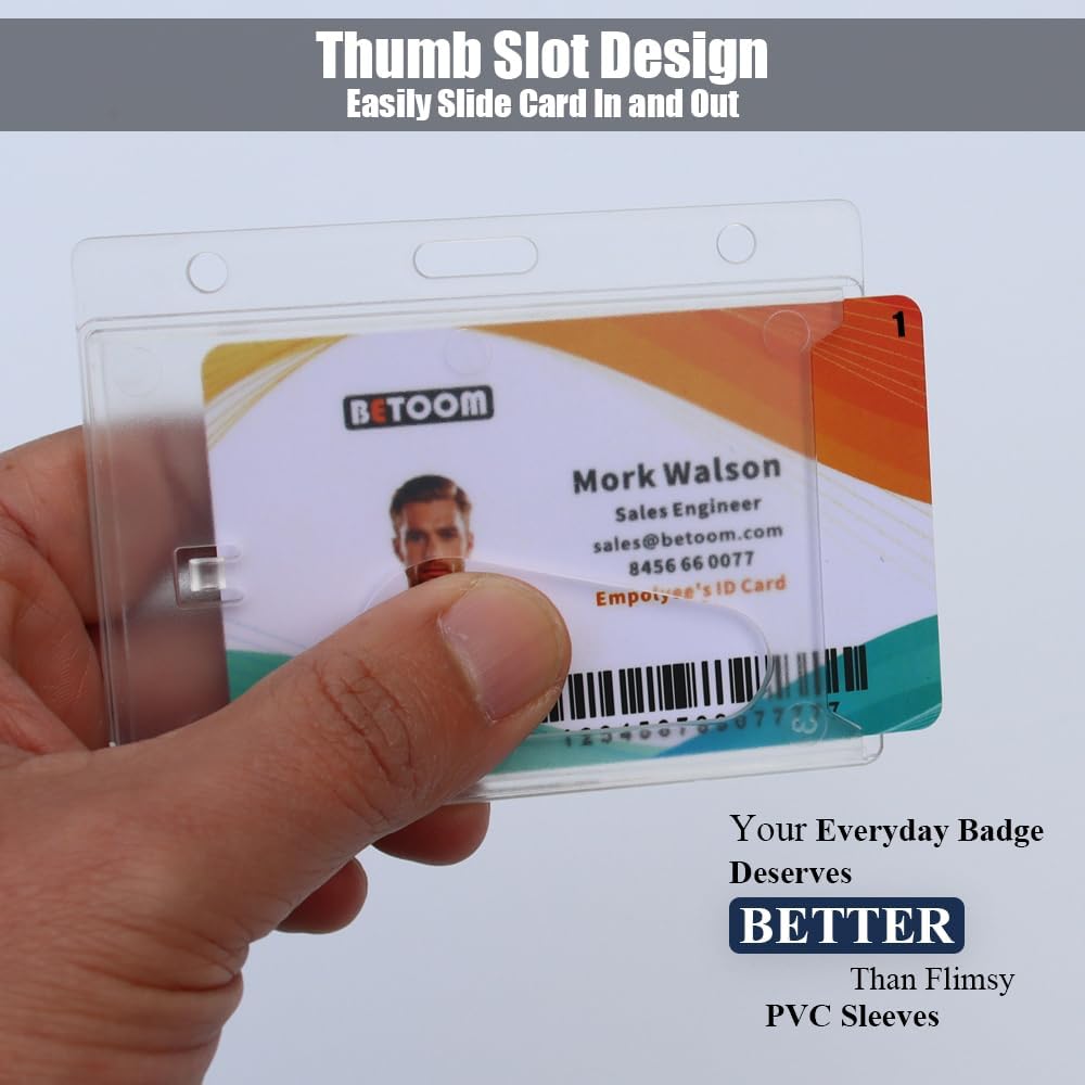 Bulk 50 Pack Hard Plastic Badge Holder-Horizontal Heavy Duty ID Card Holder for Badges-Rigid Case Single ID Protector with Easy Access Thumb Slot for Clips,Lanyards & Reels-Frosted Clear by BETOOM