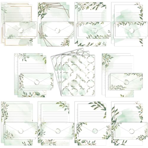 Image of TaoBary 160 Pcs Stationery Paper Set 50 Double Sided Stationery Papers with 50 Matching Envelopes and 60 Round Dot Sticker, 10 Design(Green Leaves,8.5 x 11 Inch)