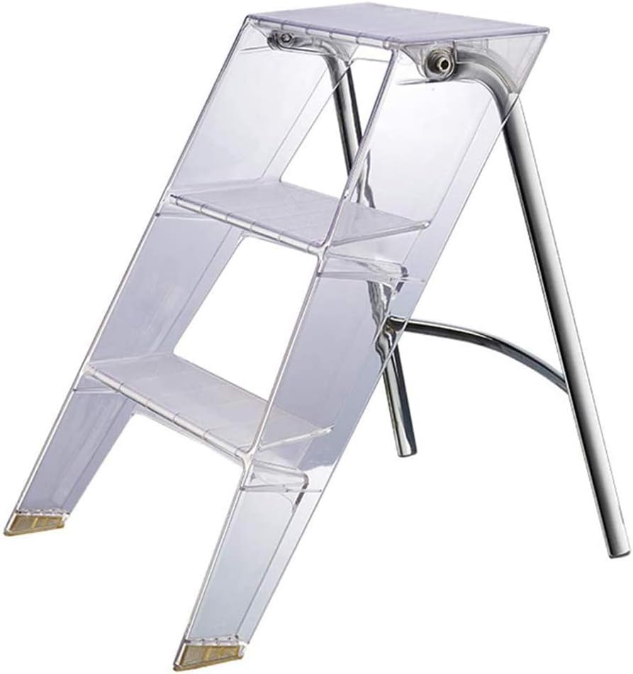 LYAID 3 Step Stool, Acrylic Three-Step Ladder Household Multifunctional Ladder Transparent Folding Stool, Library Foot Pedal Non-Slip Ladder,B
