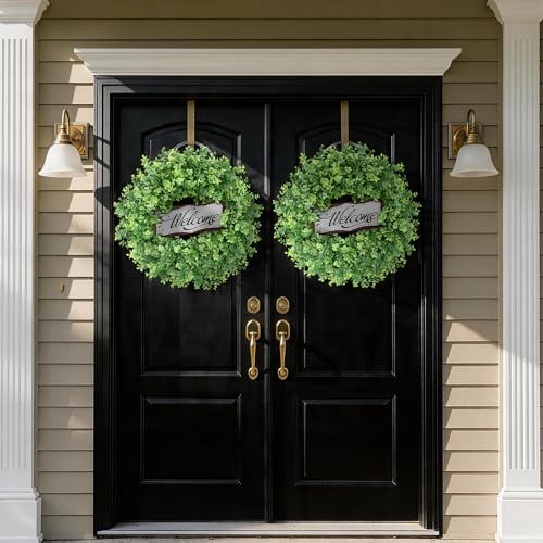 Image of 26 inch Artificial Eucalyptus Wreath with Welcome Sign for Front Door(Green) | Faux Large Greenery, UV-resistant, for Porch /Window /Wall /Farmhouse /Home /Outdoor /Spring /Summer /All Seasons Decor