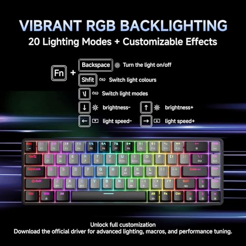 Image of Dierya DK68 Wireless Gaming Keyboard - 68 Keys Mechanical Keyboard USB-C /Bluetooth /2.4G, RGB Lighting, Clicky Blue Switch, QWERTY Layout, Black /Grey