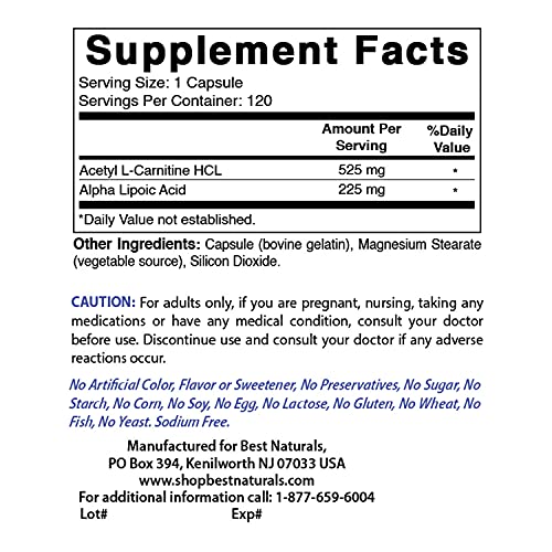 Best Naturals Acetyl LCarnitine and Alpha Lipoic Acid 750 mg 120