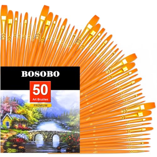 Image of BOSOBO Assorted Nylon Acrylic Artist Paint Brushes Set,Orange,50 Pcs