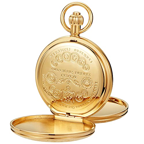 Image of Tiong Men's Luxury Pocket Watch Engraved Phoenix Mechanical Hand Wind Double Hunter Pocket Watches with Chain & Box Gifts for Father's Days