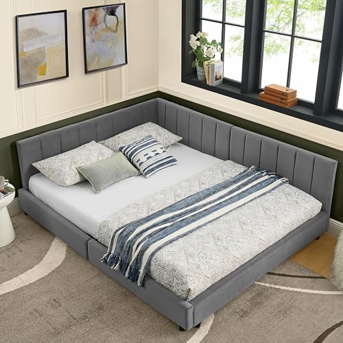 Arhatreya Canapé-lit 160 x 200 cm, en forme de L, avec dossier haut, rembourré, avec sommier à lattes, lit double, pour chambre d'amis, chambre à coucher, sans matelas, beige