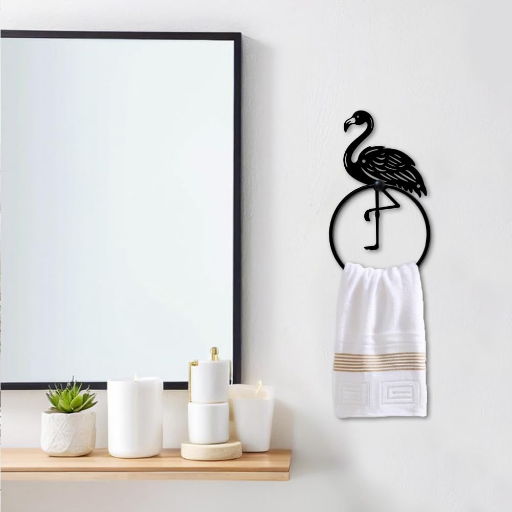 MAYJOY Metal Towel Ring – Frangipani Flower Cluster Black Hand Towel Holder, Wall Mounted With Branch Leaves, For Bathroom Kitchen, 5.7" Ring