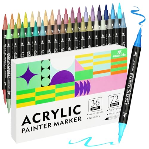 mancola 36 Pack/72 colori Marcatori di vernice acrilica, doppia punta di pennello con due colori, penne acriliche per pittura su roccia, legno, tela, pietra, vetro, ceramica, calligrafia